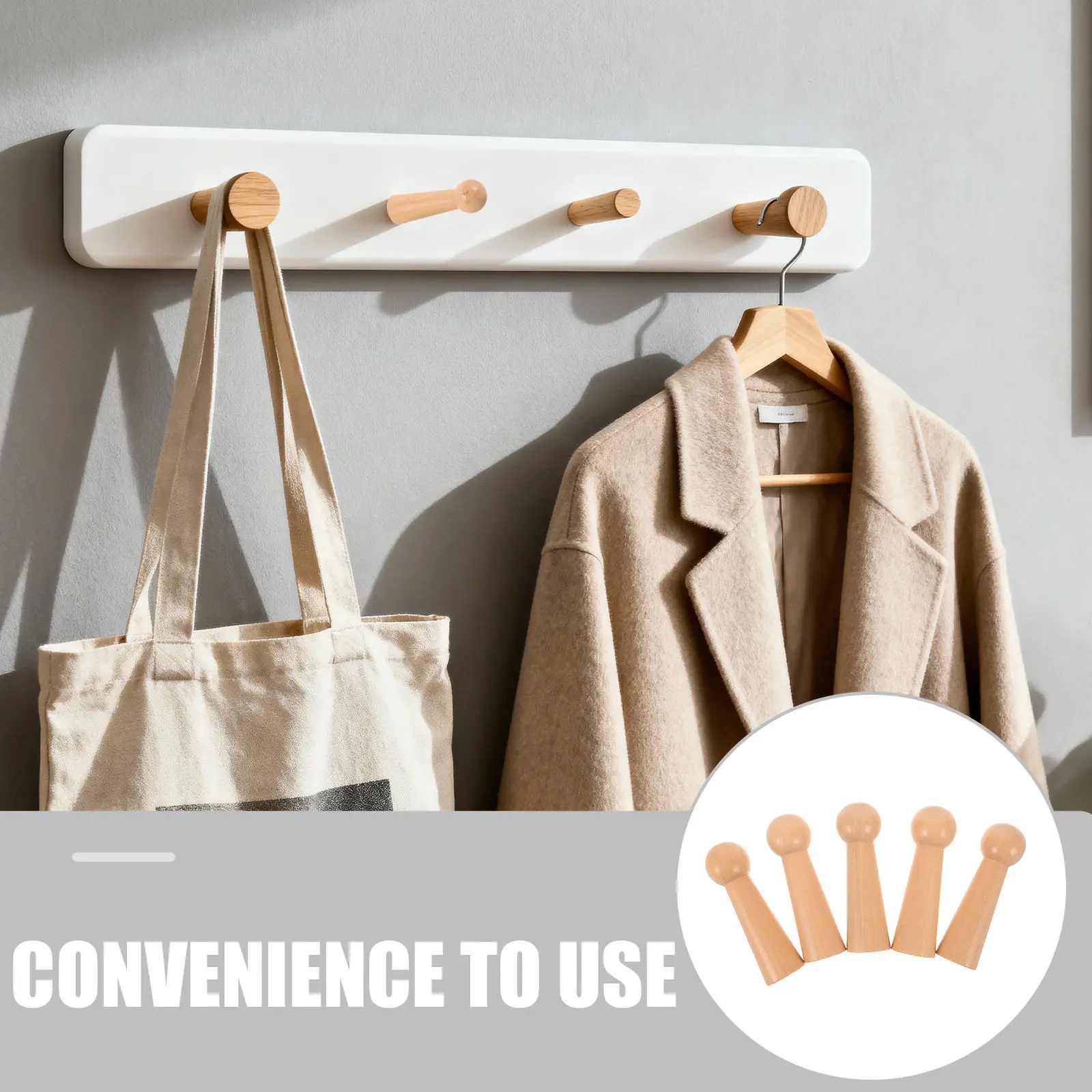 10Pcs Wooden Peg Hooks Unfinished Wood Wall Hangers Screw-in Shaker Peg Rack Clothes Hats Towels Bags Entryway Bedroom Organizer view 6
