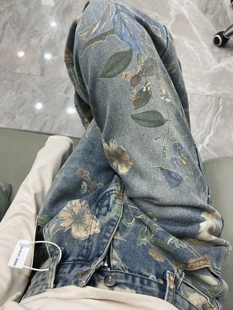 Calça jeans retrô feminina e masculina com estampa floral reta, larga e larga, casual para casais, moda americana de hip-hop Y2K