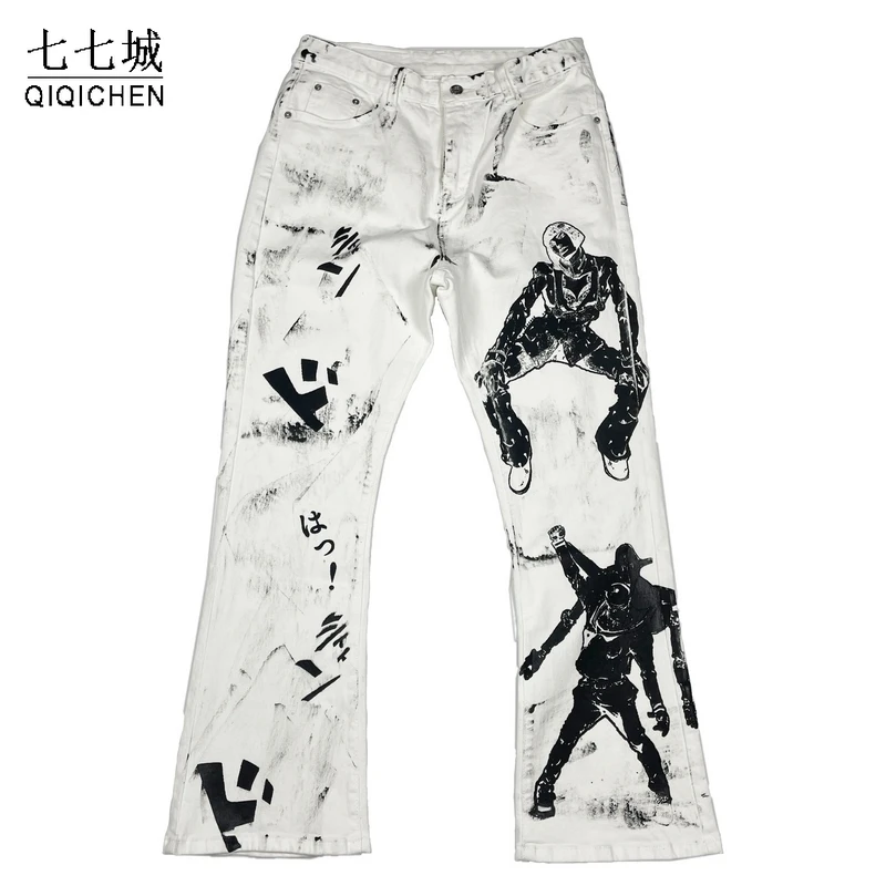 

Hip Hop Cargo Pants Men Streetwear Anime Figures Graphic Print Denim Pants Women High Street Fashion Casual Flared Pants Trouser