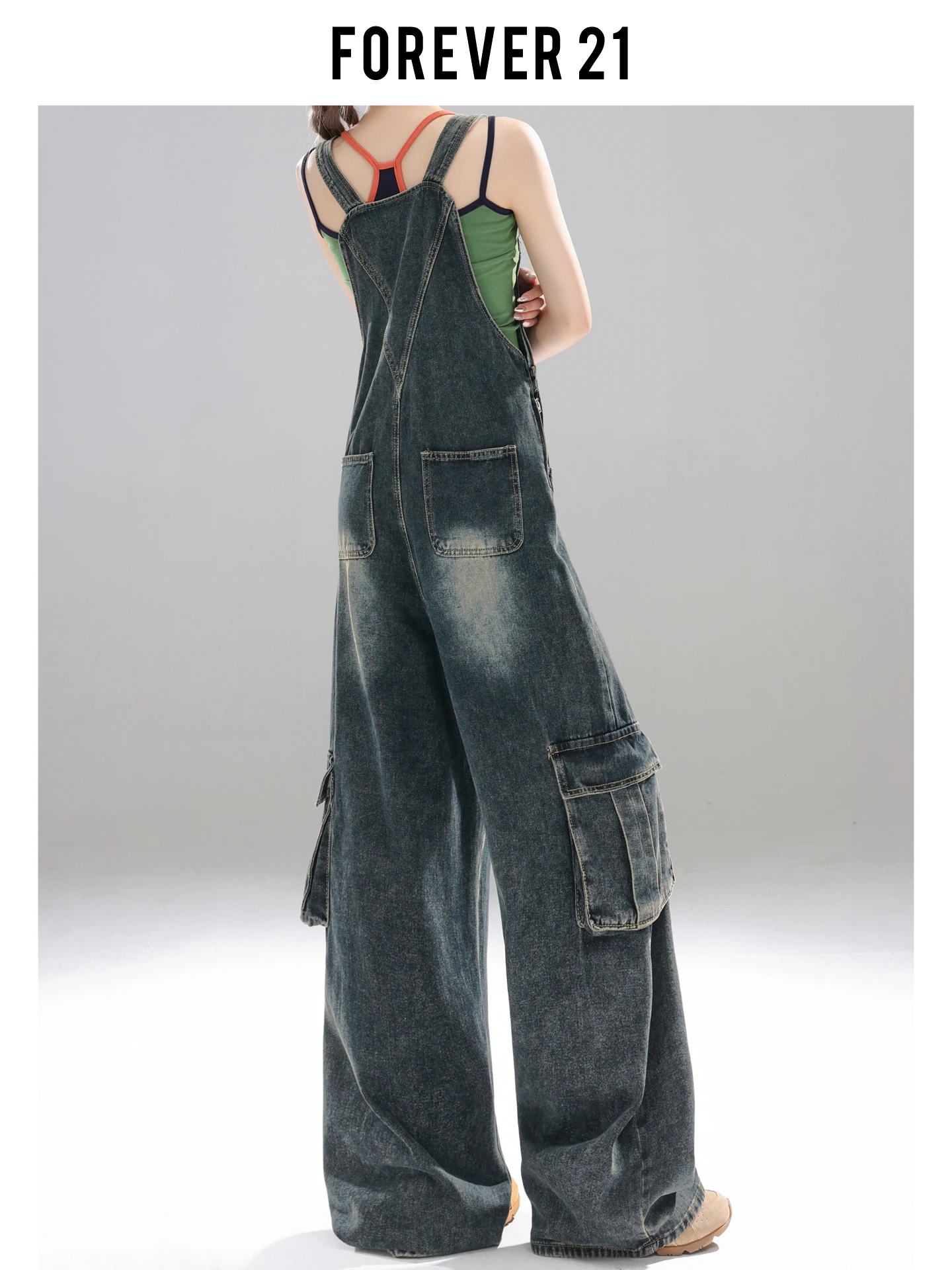 Overol de Mezclilla Azul Oscuro Vintage de Forever 21, Pantalones Anchos de Trabajo para Mujer, Cintura Alta, Estilo Holgado y Fluido, Jeans de Estilo Americano