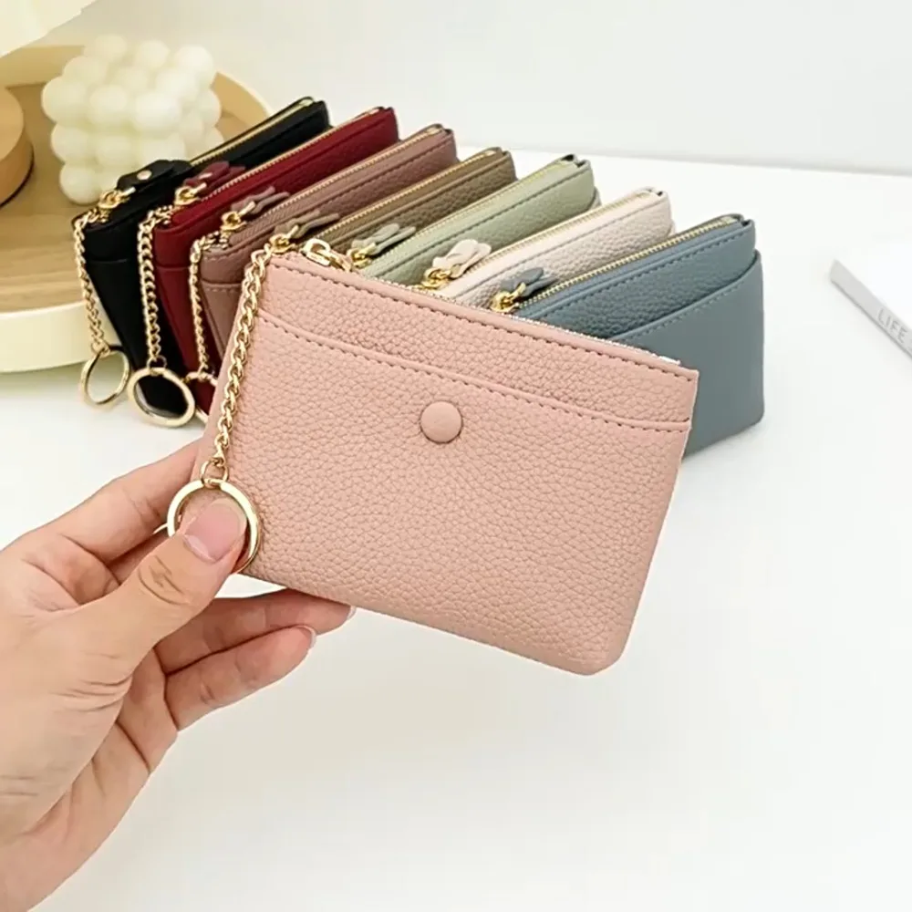 Fashion Zipper Litchi Pattern Wallet Card Holder with Key Ring Short Wallet Pure Color Multifunctional Mini Coin Purse Women