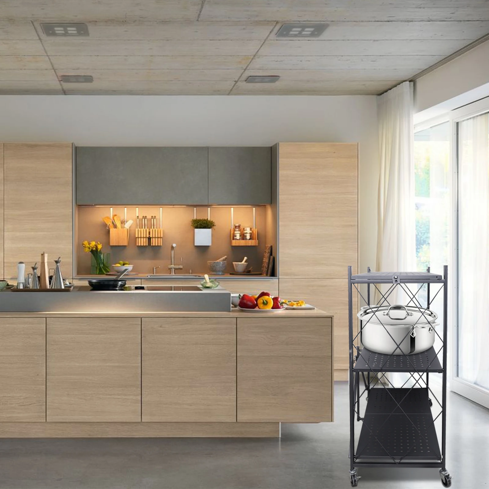 Трехэтажная съемная кухонная полка, не требующая установки, черная металлическая полка, для кухни, гостиной, дома,