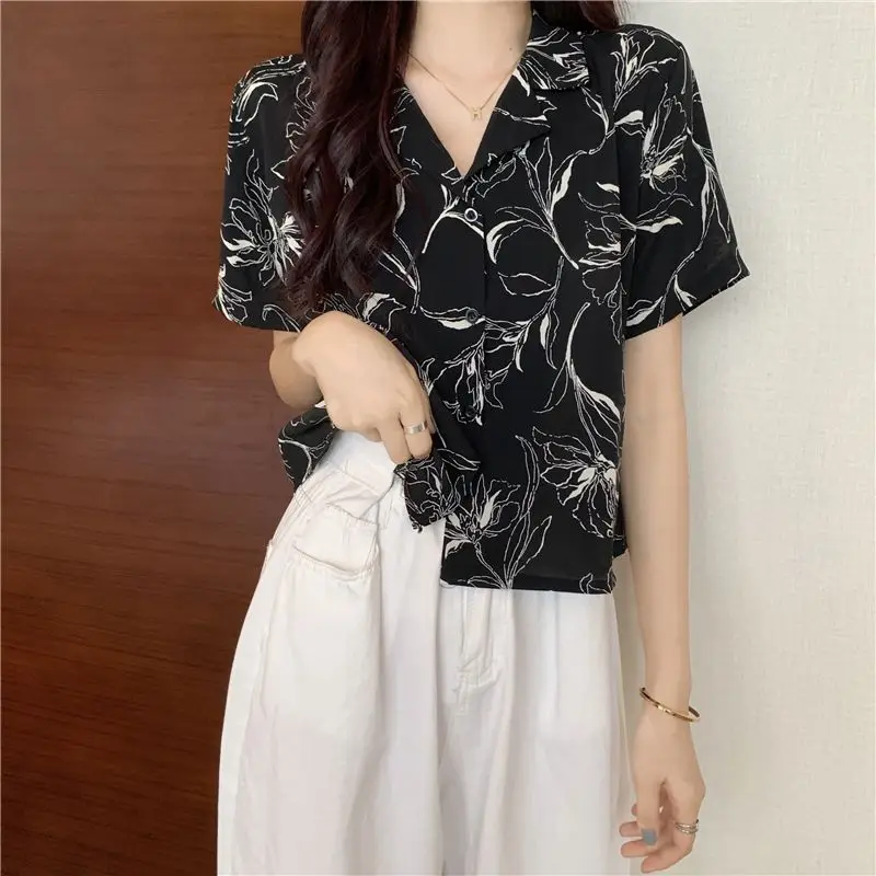 Loose Shirts Women New Summer BF Office Ladies Vintage Print Streetwear Harajuku Y2k Ulzzang Leisure All-match Short-sleeve Chic