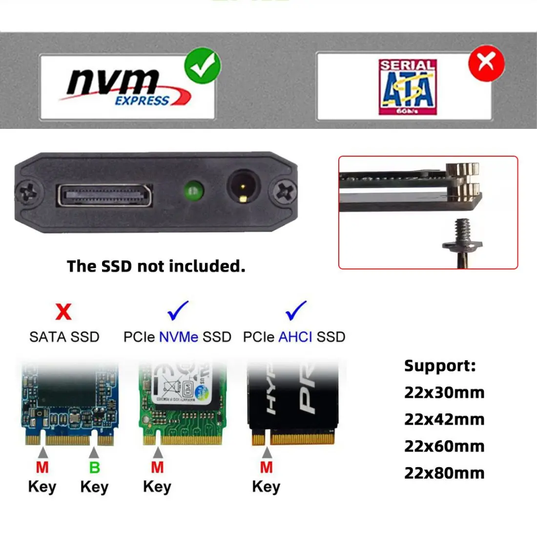 M.2 NVME/AHCI PCIe SSD to Oculink SFF-8612 SFF-8611 Hard Disk Enclosure Case Converter Adapter with SFF-8611 Data/DC Power Cable