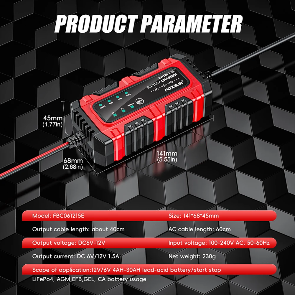 6V 12V 1.5A Car Battery Charger Smart Charger Car and Motorcycle Battery Charging Unit for Lead-Acid AGM GEL Batteries