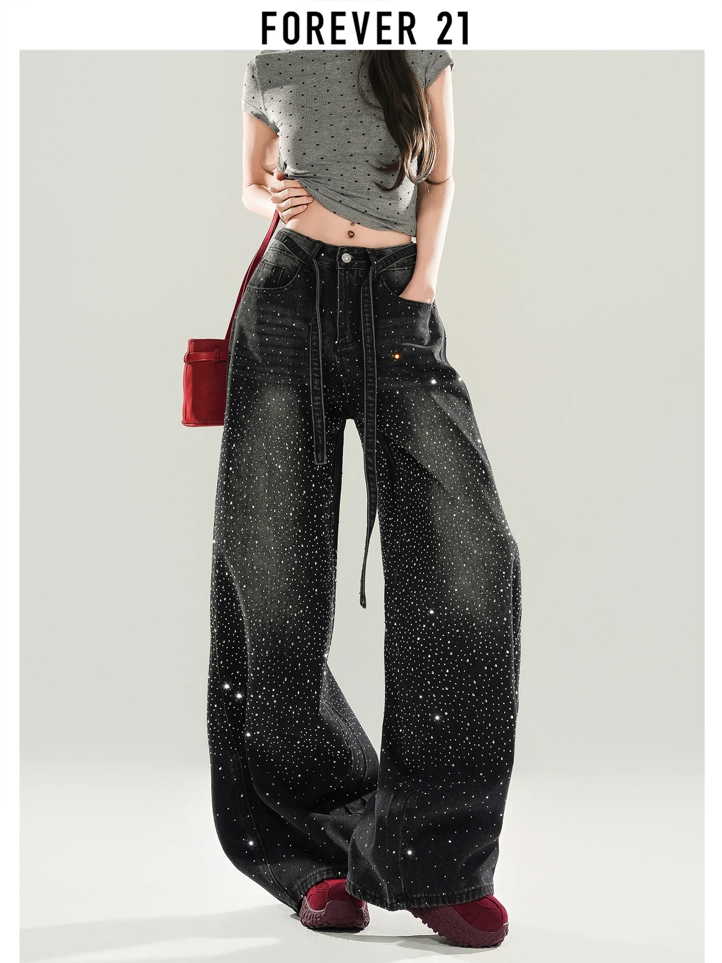 Jeans de mezclilla con purpurina de cintura alta Forever 21 para mujer, nueva colección primavera 2026, pantalones de pierna ancha con efecto adelgazante, jeans para mujer