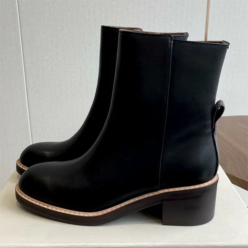 جديد جلد الغزال حذاء من الجلد سلسلة نسائية سلسلة حبة كعب مربع أحذية امرأة جولة تو دراجة نارية أحذية بوت قصيرة النساء بوتاس #3