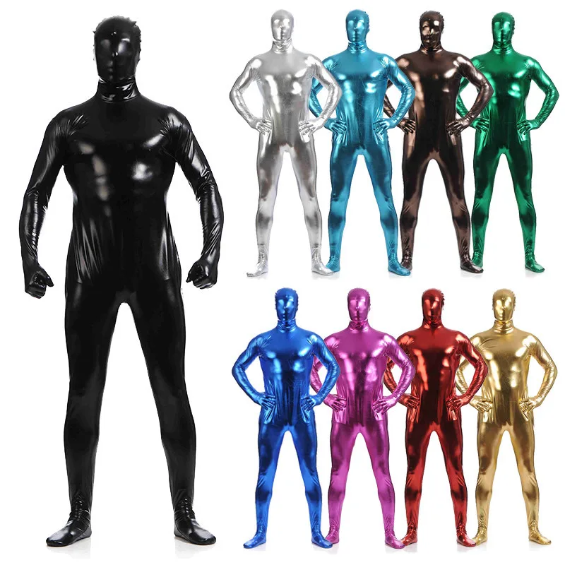 Mannen Glanzend Metallic Spandex Bodysuit Catsuit Sexy Unisex Zentai Full Body Suit Kostuum Party Halloween Wet Look Eendelig Unitard