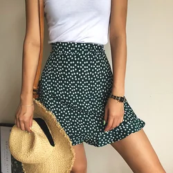 Minissaia com estampa floral feminina, saia de cintura alta, babados, bainha, praia, boho, sexy, casual, verão, 2022