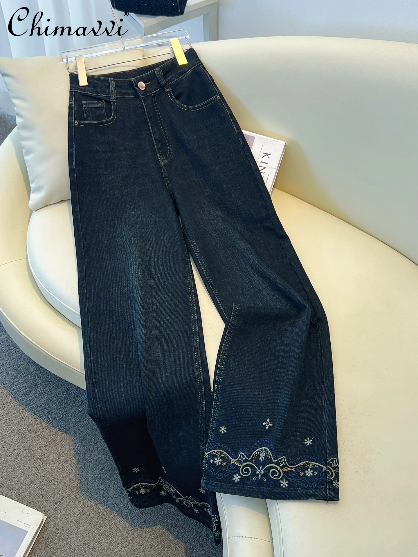 

Французские модные повседневные прямые брюки с высокой талией в стиле ретро, элегантные универсальные широкие джинсы, женские осенние брюки