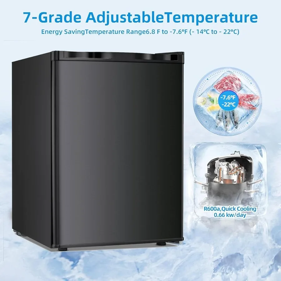 2,1 pés cúbicos pequeno congelador vertical compacto mini freezer com prateleiras removíveis termostato ajustável dobradiça de porta reversível silencioso o