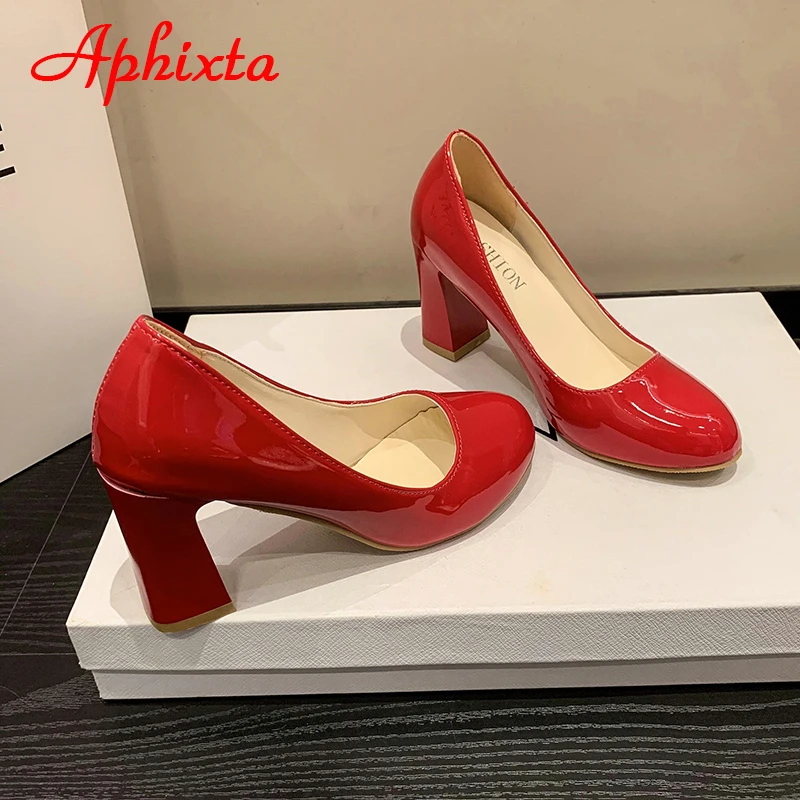 Aphixta 2023 New 7cm Square Heels Round Toe Pumps Women Shoes Nude Pink Pumps Super Big Size 46