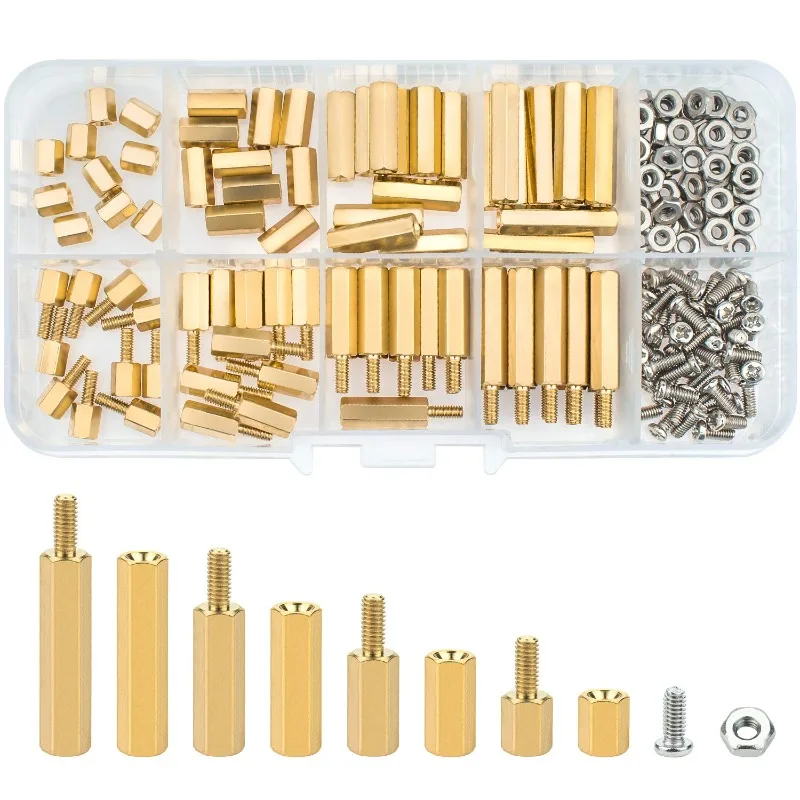 200Pcs M2.5 Hex Brass Standoff Spacer Assortment Kit Male Female Copper Pillar Screws Nuts Fastener for PCB Circuit Board DIY