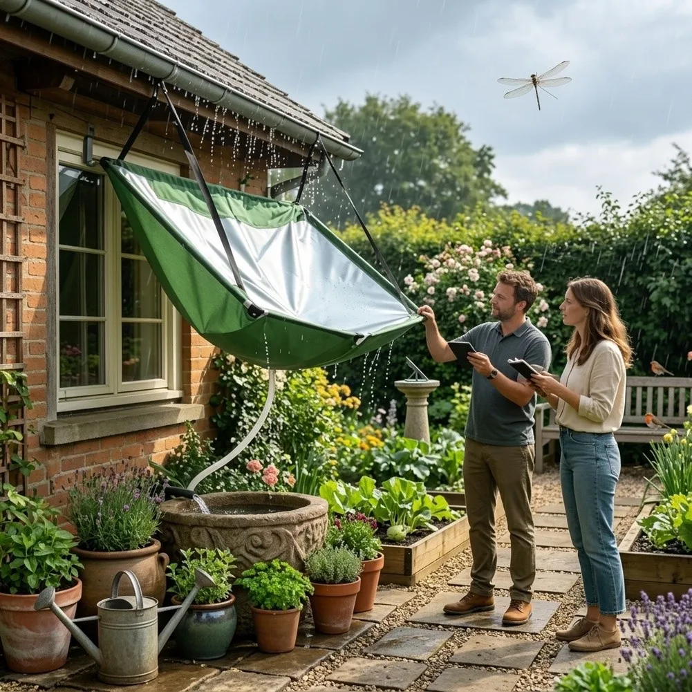 Rain Water Harvesting System with Hose and Buckle Fix 100x50 cm Polyester Catcher for Balcony Garden Water Storage