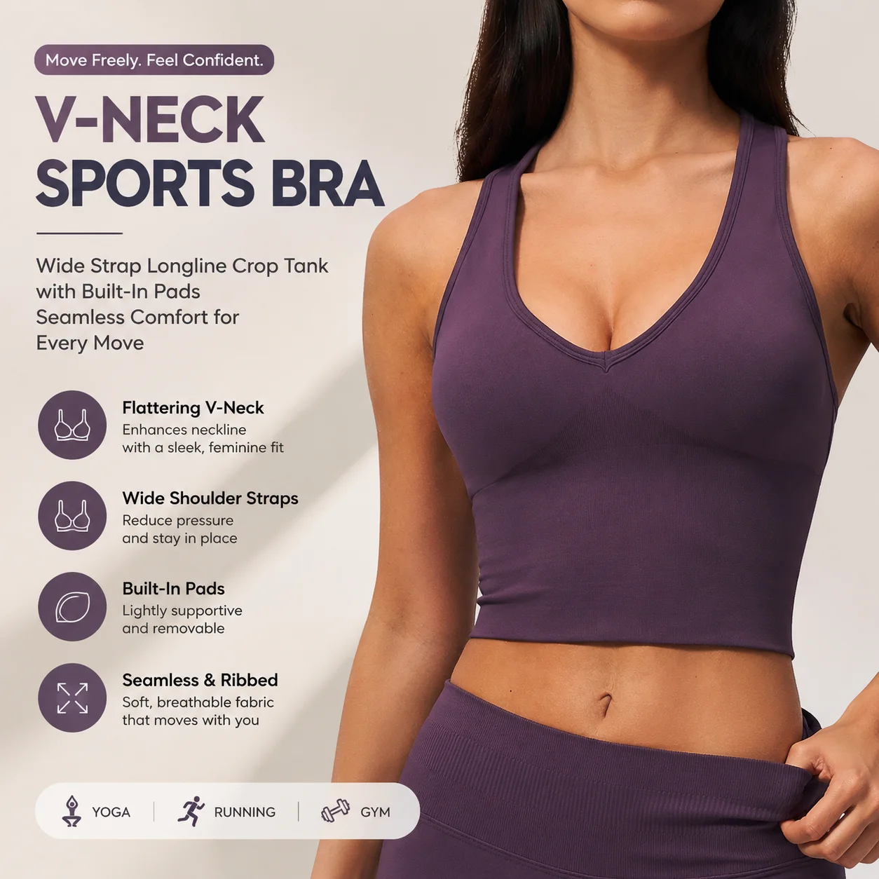 Women's Wide Strap V-Neck Ribbed Longline Sports Bra Seamless Crop Tank with Built-In Pads for Gym Yoga Running