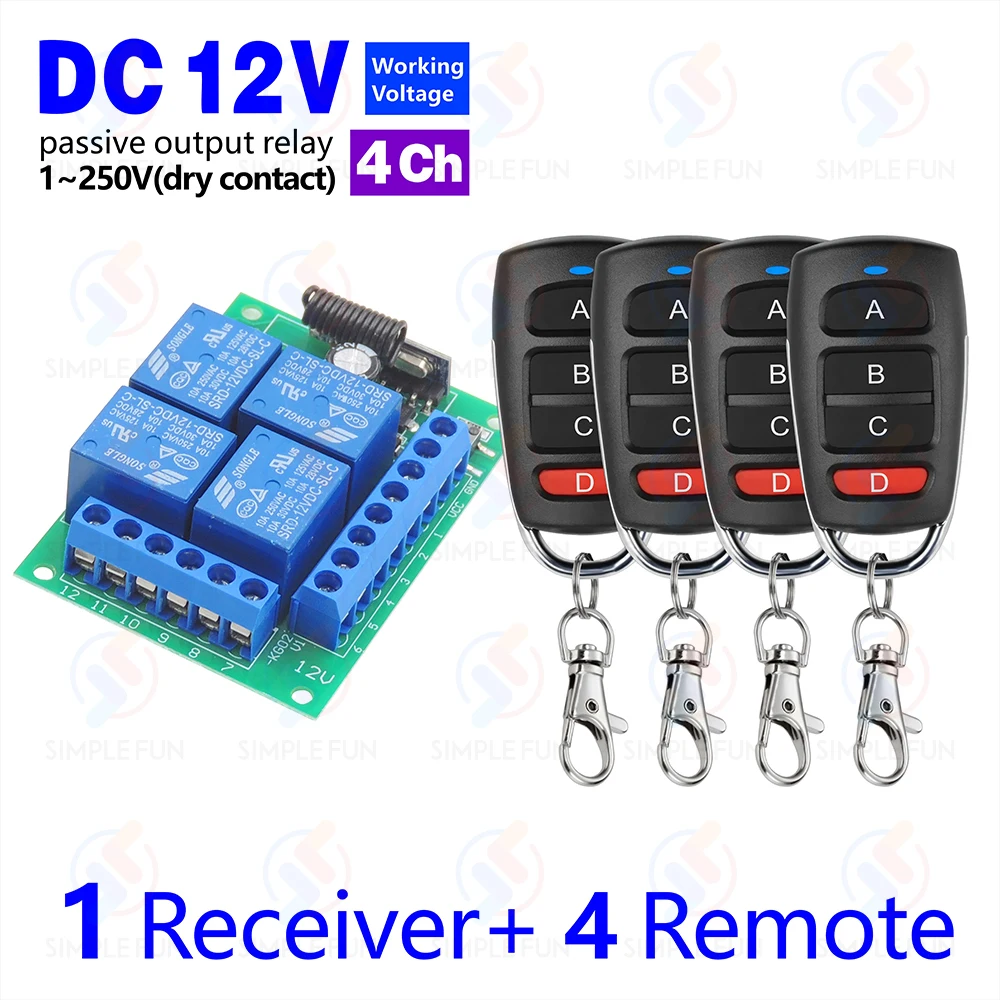 433 Mhz Universal Drahtlose Fernbedienung Licht Schalter DC 12 V 4CH RF Relais Empfänger 60 m Reichweite für Licht/Garage Tür/LED DIY