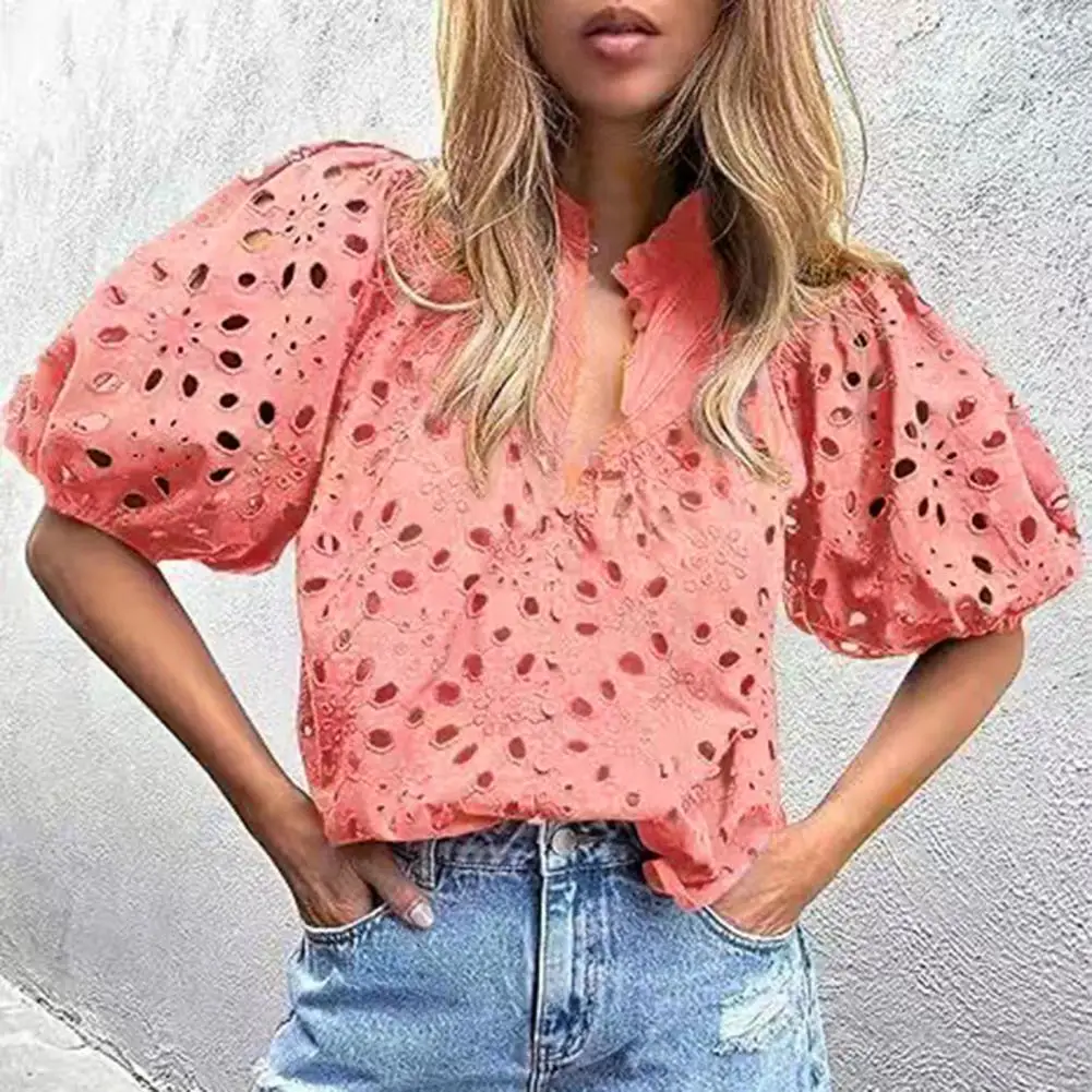 Women Shirt Elegant Lace Blouse Embroidered Floral Shirt Stylish Summer Top for Women Stand Out Dressy Tops with Eyelet Details