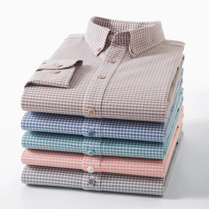 

Men's long-sleeved shirt, high-quality Oxford fabric, check pattern, trendy casual, versatile, suitable for street wear.