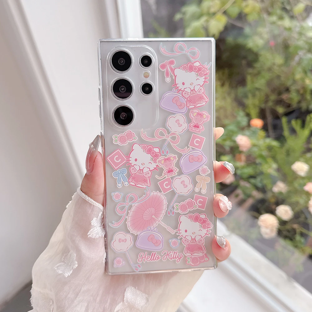 Cute Cartoon Sanrio Hello Kitty Kuromi Melody Transparent Phone Case For Samsung Galaxy S26 25 24 23 Ultra Puls Soft TPU Cover