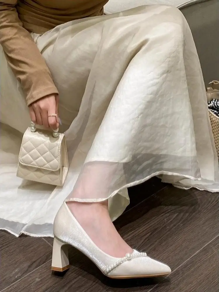 우아한 진주 장식 포인티드 토 블록 힐, 부드러운 스타일의 편안한 펌프스, 여성용 클래식 오피스 드레스 슈즈 썸네일 4