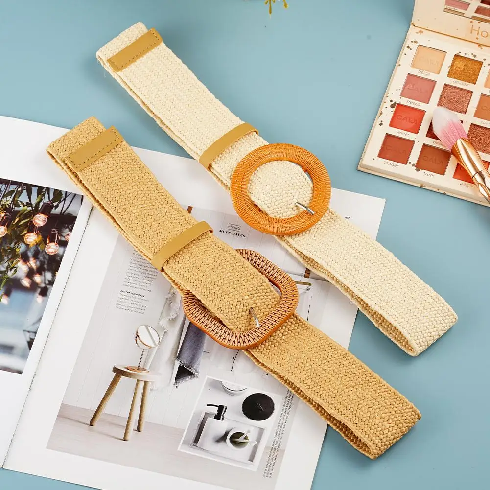 Fashion Bohemia Belt Elastic Braided Belts Straw Waistband Fake Linen Woven Weave Belt Solid Straw Wide Belts for Women