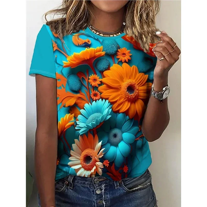 Plus size 3d impresso flor plantas t camisa para mulher borboleta gráfico manga curta rua o-pescoço camisetas topos camisetas soltas