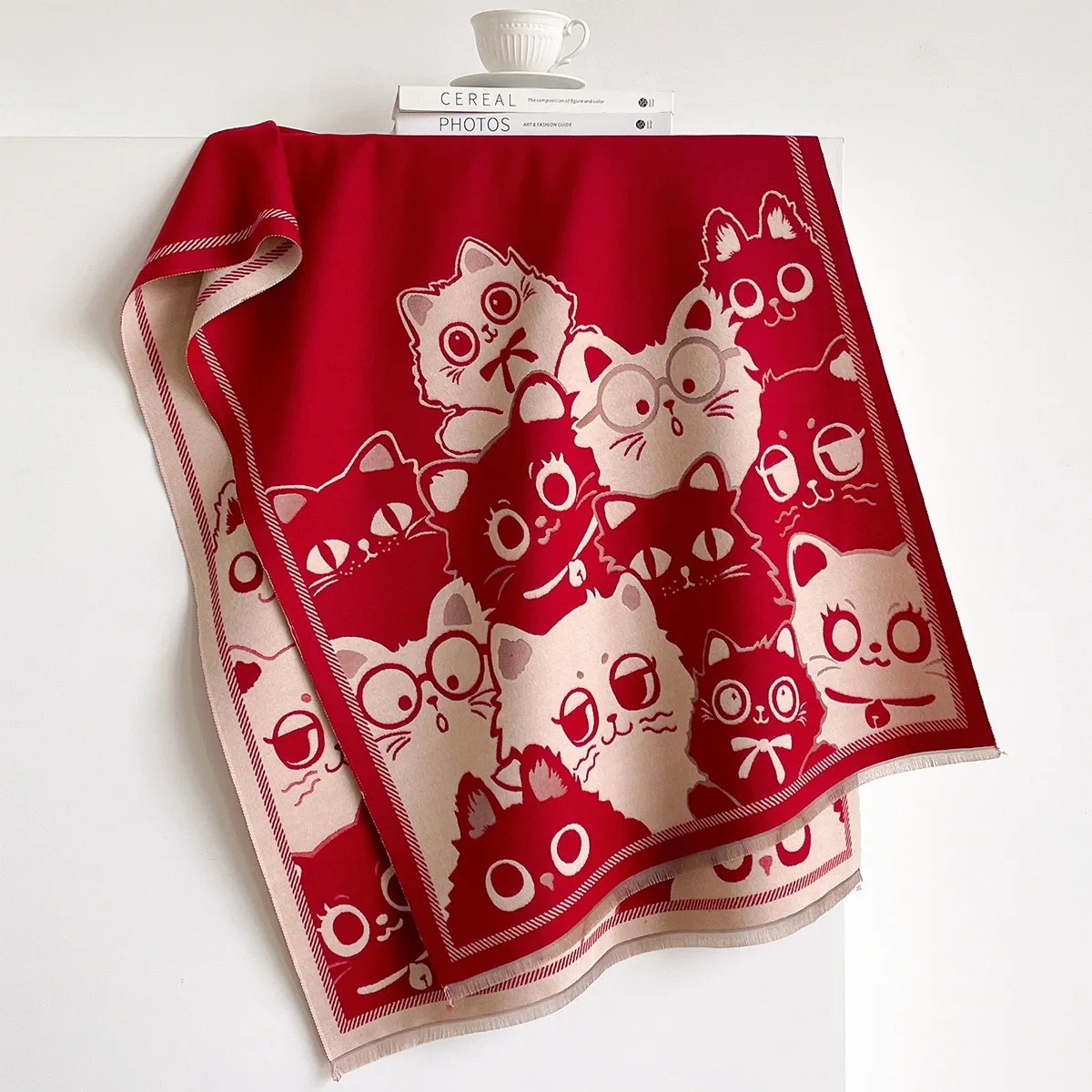 Winter Cozy Faux Cashmere Large Shawl For Her Vintage Full Print Cute Kitten Face Jacquard Double Sided Warm Fashion Gift Scarf