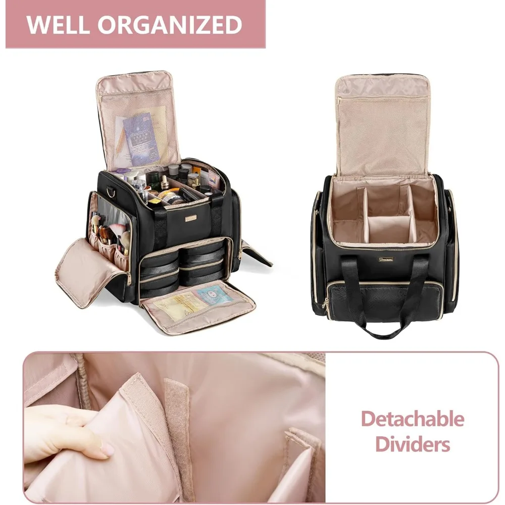 Trousse de maquillage professionnelle à roulettes avec 4 sacs amovibles, roulettes et rangement pour pinceaux au design breveté noir