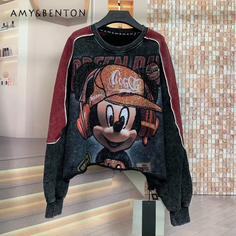 

Trendy Brand New Heavy Industry Full Diamond Hat Cartoon Sweatshirt Age-Reducing Fashion Small Loose Round Neck Hoodies Jacket