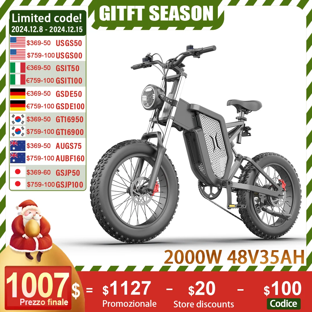 ZPW X20 EBike Adults 20 Inch 2000W 35AH Electric Bike Mountain Snow ebike Motorcycles Off-Road Fat Tire Electric Bicycle