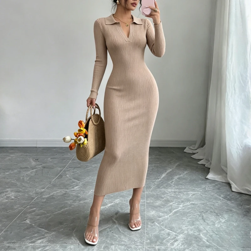 Damen Maxi-Strickkleid mit Polokragen, elastischem Rippband, langen Ärmeln, figurbetont, elegantes Pulloverkleid, Damen-Party- und Freizeitoutfit – Detail 5