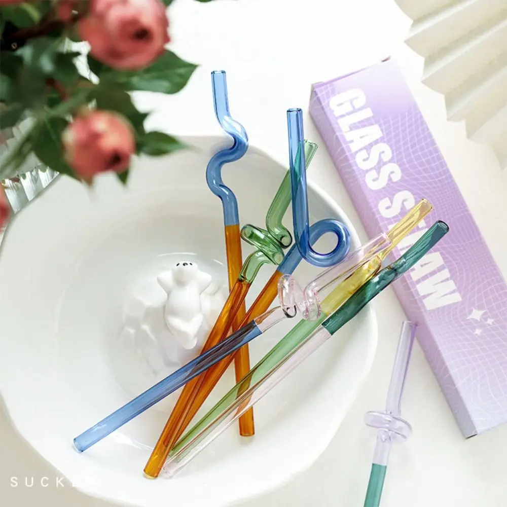 Reusable Transparent Glass Straw Color Contrast Drinking Tube Straight Bend Straws Tea Coffee Straw Juice Drink Blender Stick