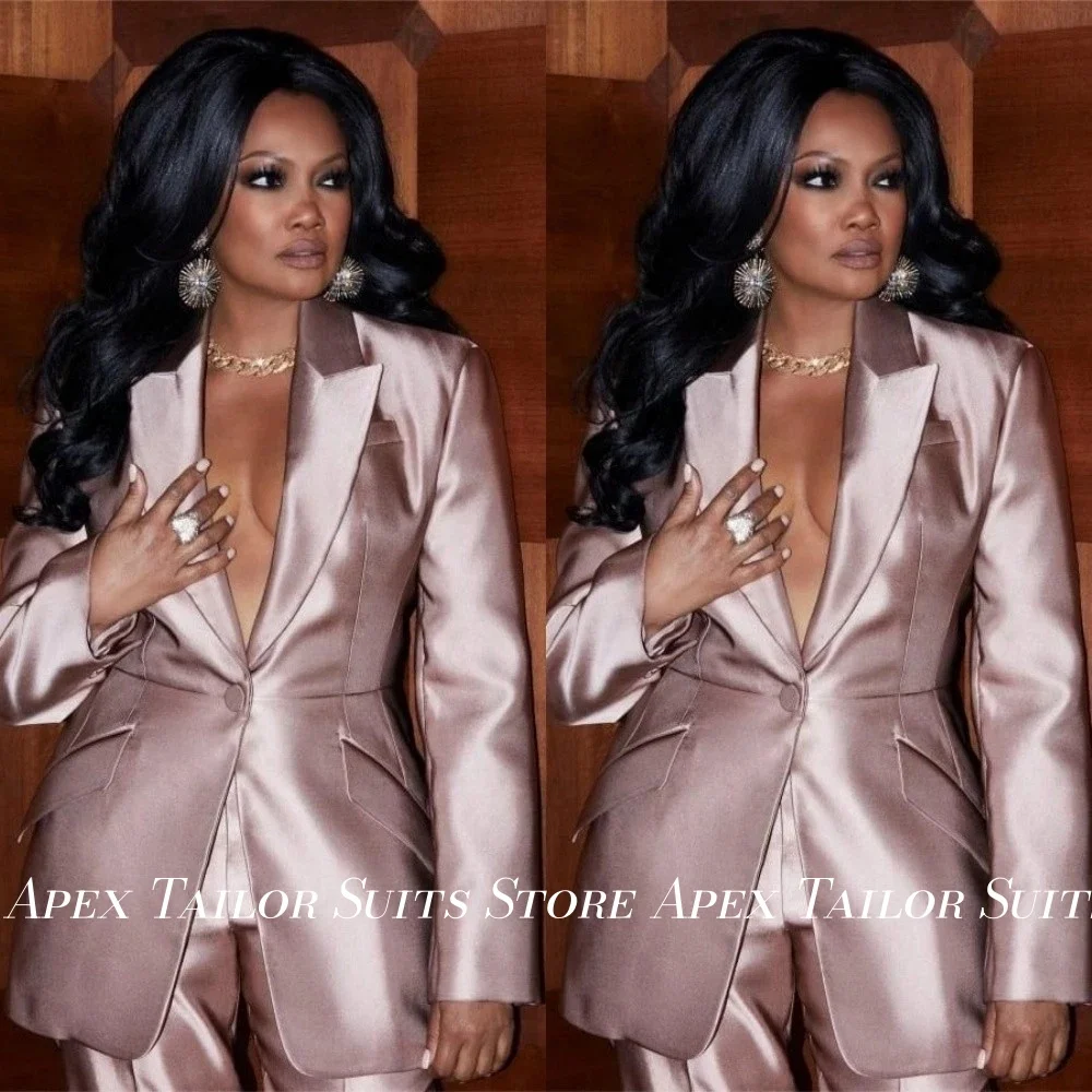 Women 2 Piece Suit Peak Lapel One Button Satin Fitted Blazer Wide Leg Pants Set Elegant Evening Wedding Guest Formal Outfit