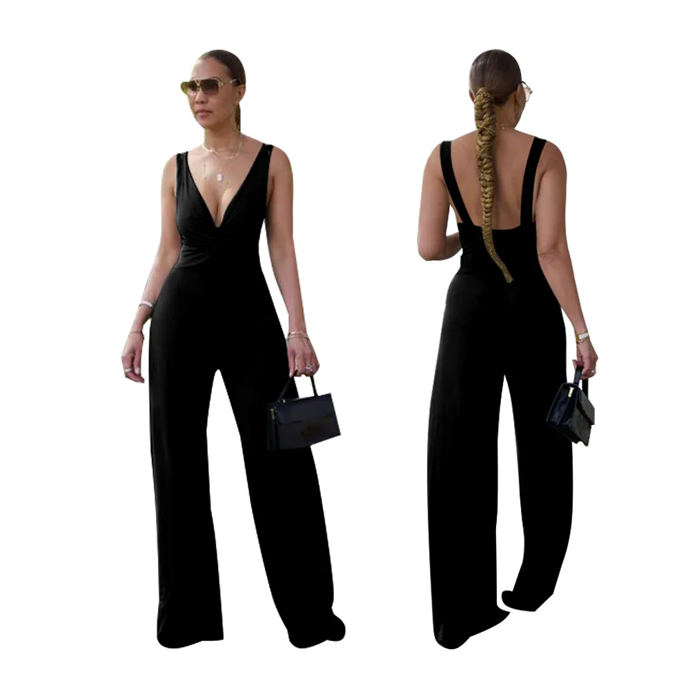 K10746 Women's Sexy Deep V Open Back Sleeveless Jumpsuit