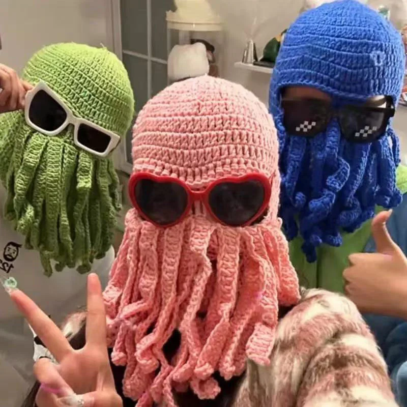 Funny Octopus Yarn Knit Hat Unique Octopus Mask Hat Full-coverage Hat Costume Prop Fully Enclosed Hat New Year Gift Winter Hat