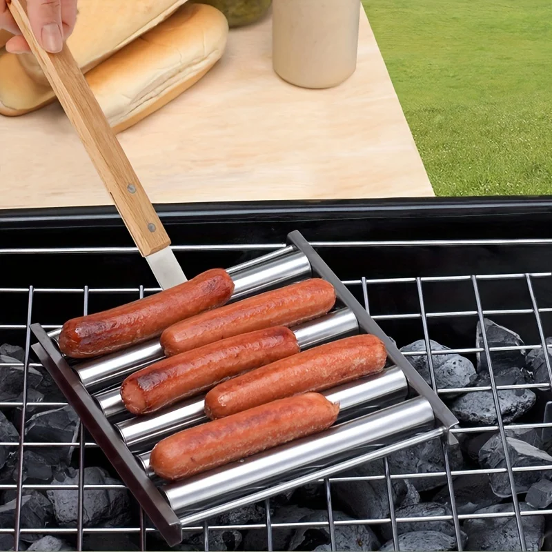 Barbecue Sausage Grilling Rack Roller BBQ Picnic Camping Stainless Steel Hot Dog Rack Home Kitchen Barbecue Grilling Accessories