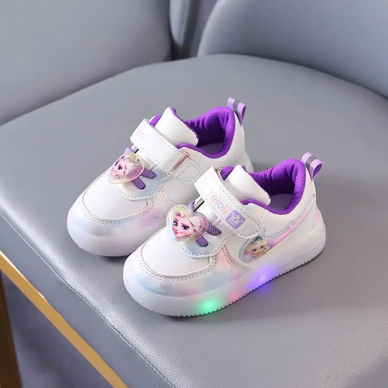 Zapatos informales para bebé y niña, zapatillas luminosas Led, deportivas transpirables con dibujos animados de Frozen