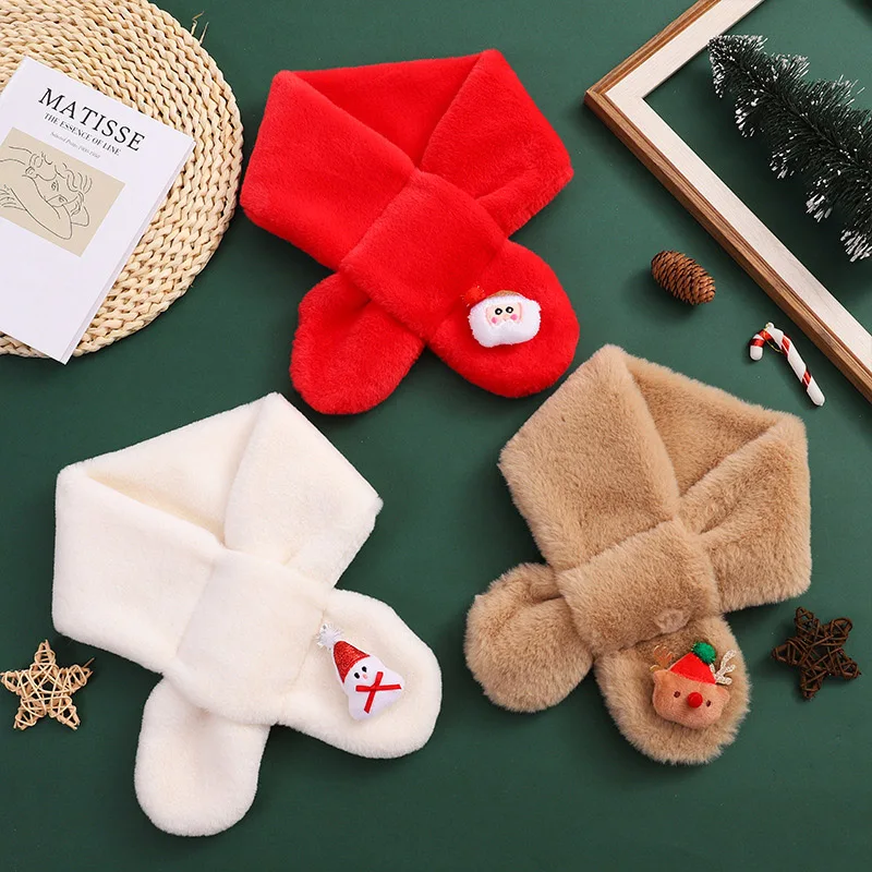 Children Christmas Scarf Cartoon Xams Doll Kids Cross Neckerchief Winter Warm Plush Scarves Fluffy Fur Neck Covers 1-13Year Baby