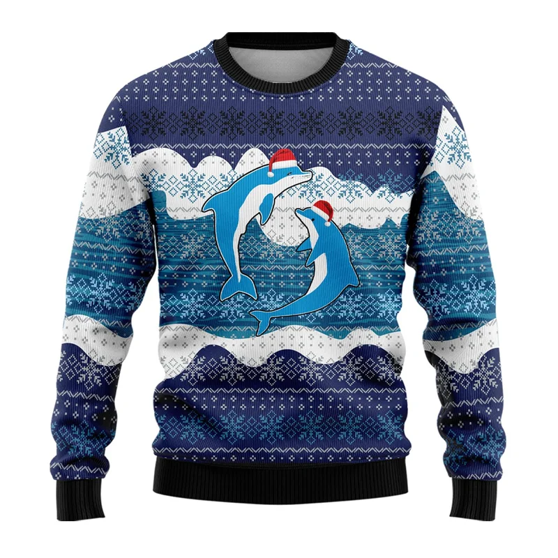 New Dolphin Shark 3D Printed Ugly Christmas Sweater For Men Clothing Fashion Comfortable Crewneck Men Women Sweatshirt Pullover