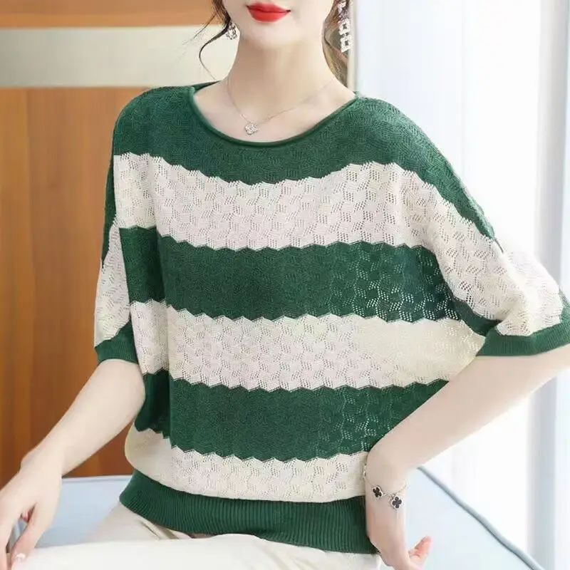 

Fashion O-Neck Striped Hollow Out batwing sleeve T-Shirts Women's Clothing 2024 Summer New Loose Casual Tops Commuter Tee Shirt