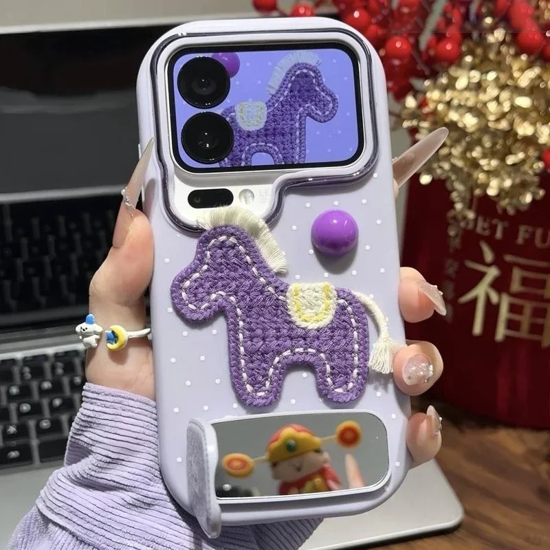 

Cute Embroidered Pony Case for iPhone 17 16 15Pro Max 14 13 12 11 Pro Max Cases Purple Horse Year Cover with mirrow stand