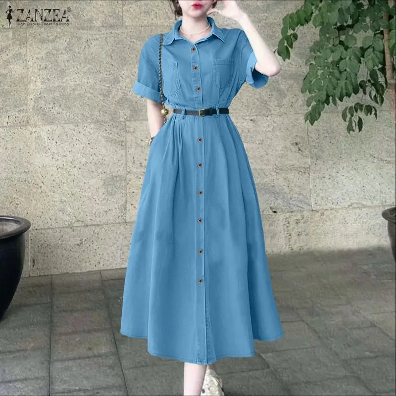 ZANZEA 2026 Spring Denim Blue Dress Women Stylish Shirt Dress Elegant Lapel 3/4 Sleeve Work Sundress Solid Robe Buttons Vestidos