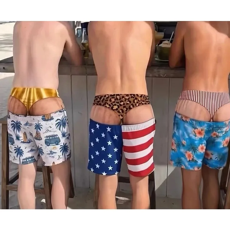 Lustige zweiteilige Boardshorts für Männer mit optischer Illusion, Thong-Print, Strandshorts, neuartige, witzige Badehose für den Sommerurlaub