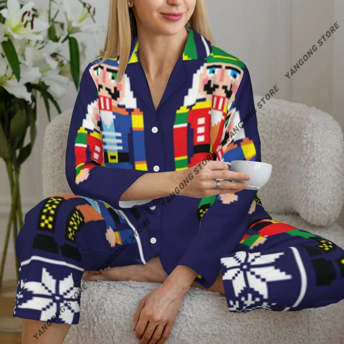 

Женские пижамы с длинными рукавами, домашняя одежда для девочек, комплект из двух предметов, Щелкунчик, ретро рождественские пижамы с скандинавскими мотивами на осень-весну