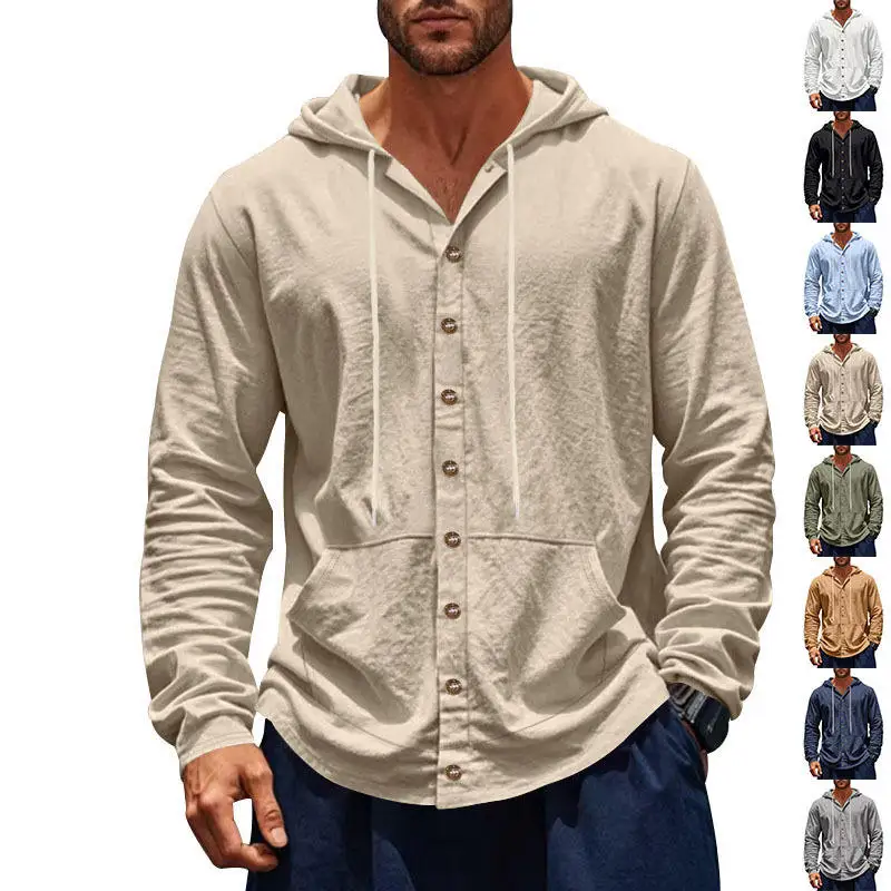 

Men's Casual Linen irt Long Sve Beachwear Spring Autumn American Sle Loose Fit Hat Hooded Classic Simple Design