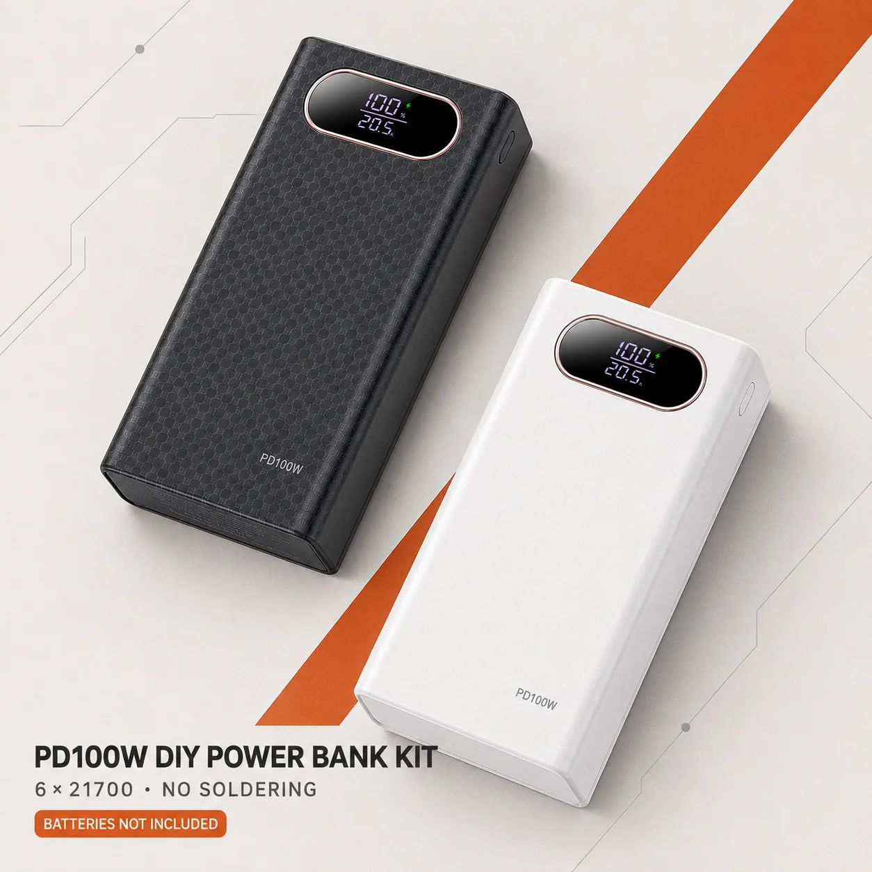 6x21700 Removable Battery Power Bank Enclosure PD100W Dual-Chip USB-C Fast Charge DIY Kit for Laptop No Cells Included