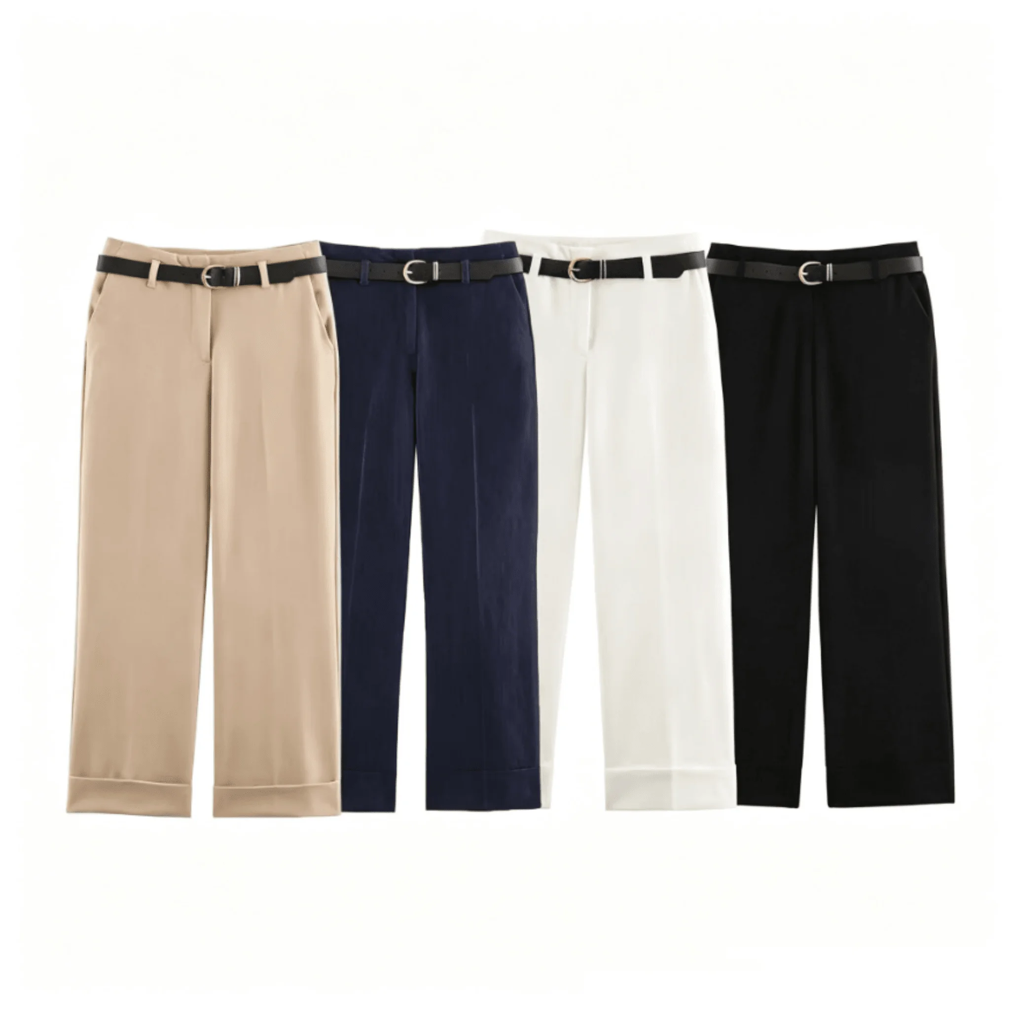 Minimalist Versatile High Waist Straight Leg Cuffed Pants with Belt 2026 Fall New Women Casual Office Trousers Pants