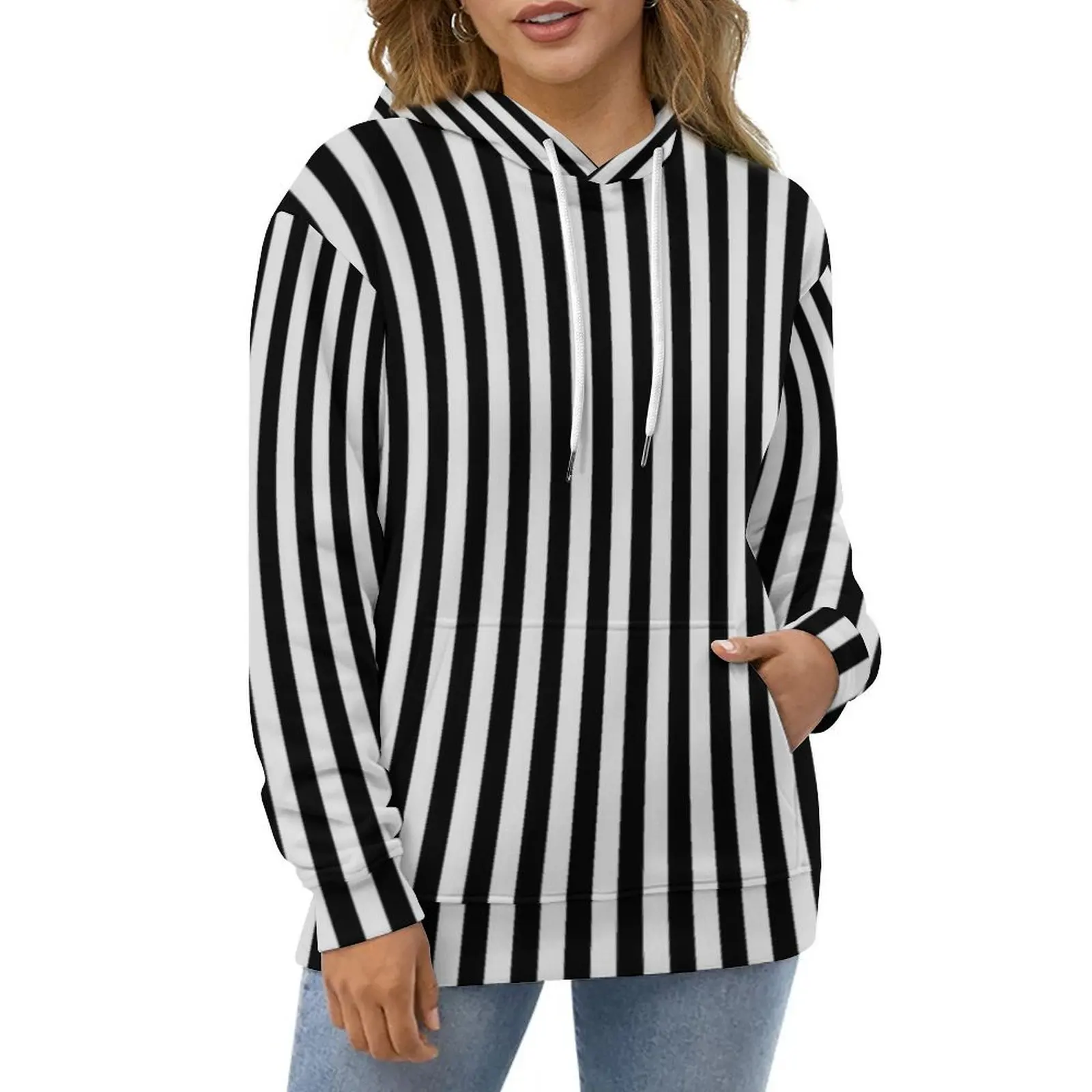 

Black White Striped Hoodies Vertical Stripes Streetwear Oversized Hoodie Woman Long Sleeve Trendy Casual Hooded Sweatshirts