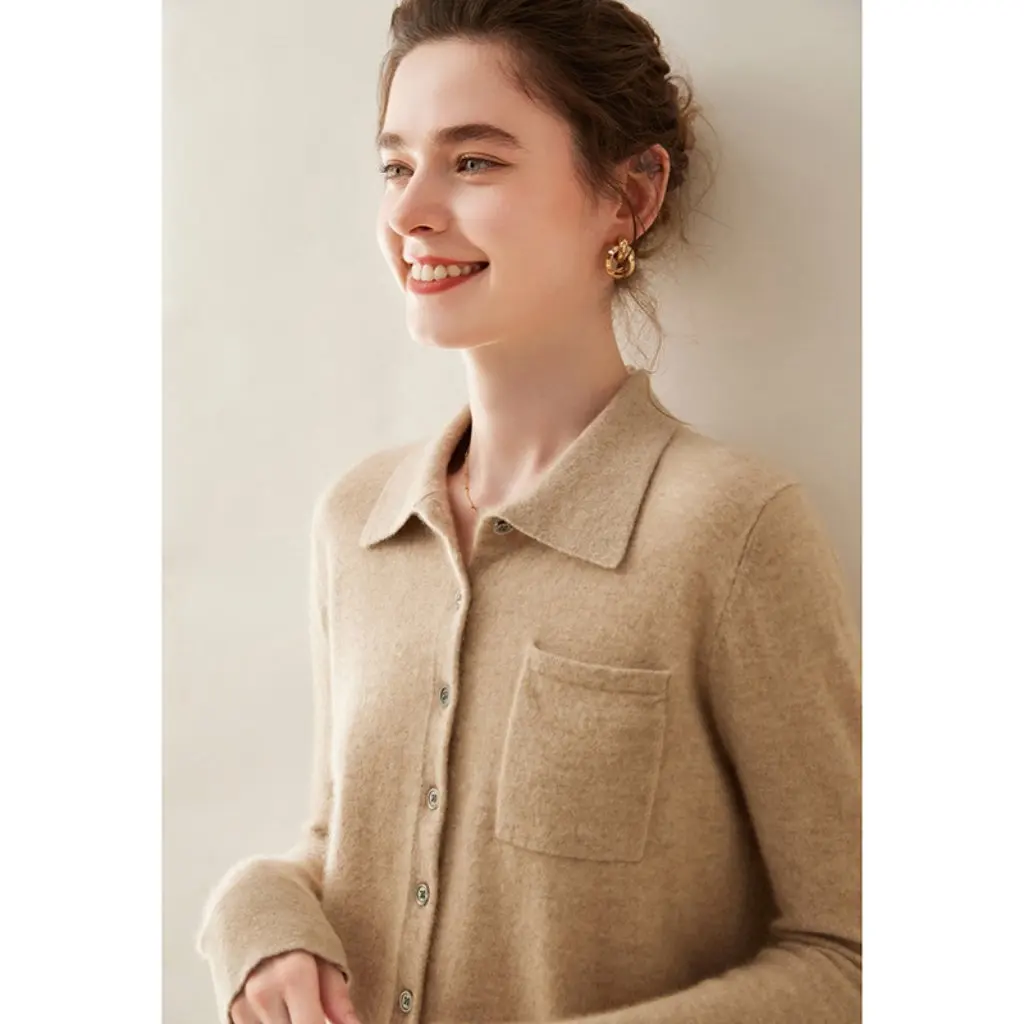 

POLO Collar Cashmere Women's Cardigan Jacket Slim-fit Knitted Sweater with Pocket for Autumn Winter Commuter Outerwear Shirt