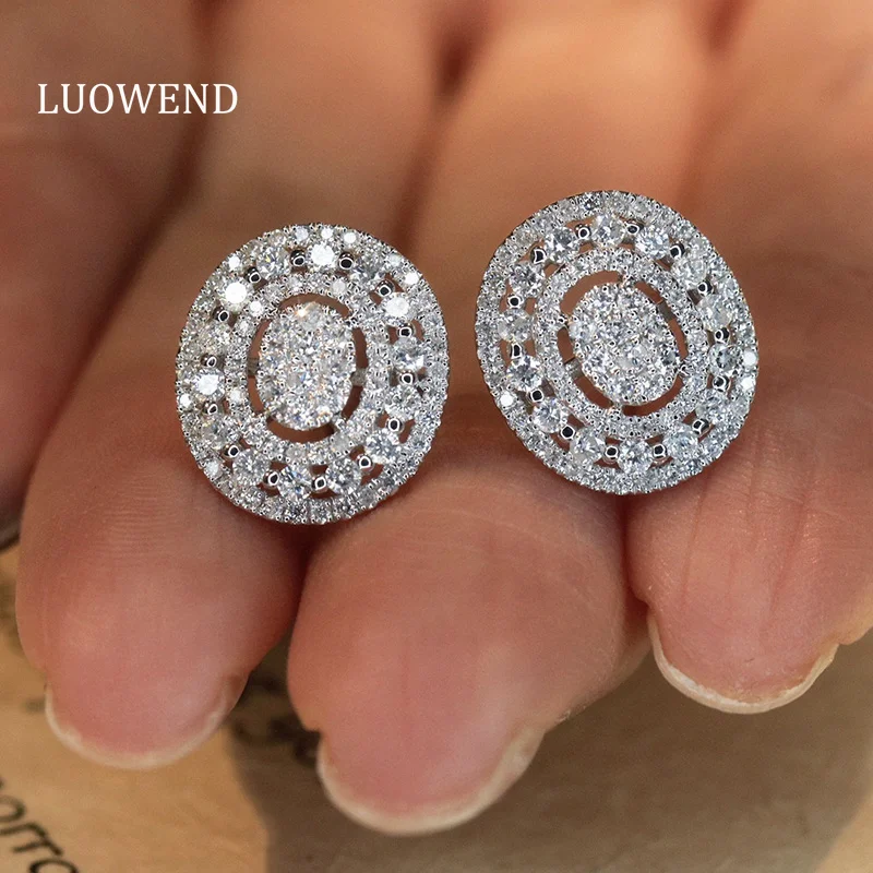 

LUOWEND 18K White Gold Earrings Romantic Oval Design 1.0carat Real Natural Diamond Stud Earrings for Women High Wedding Jewelry